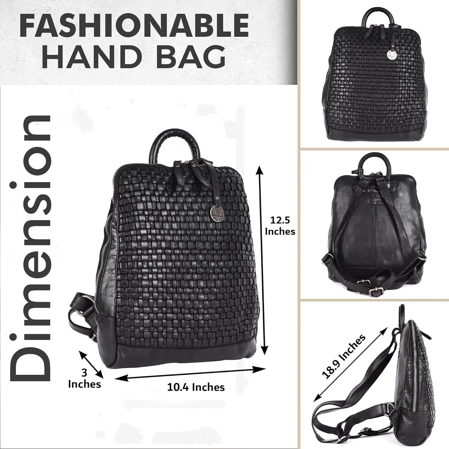 12.5 Inch Genuine Leather Backpack for Women and Men, Black Leather Backpack with Adjustable Shoulder Strap