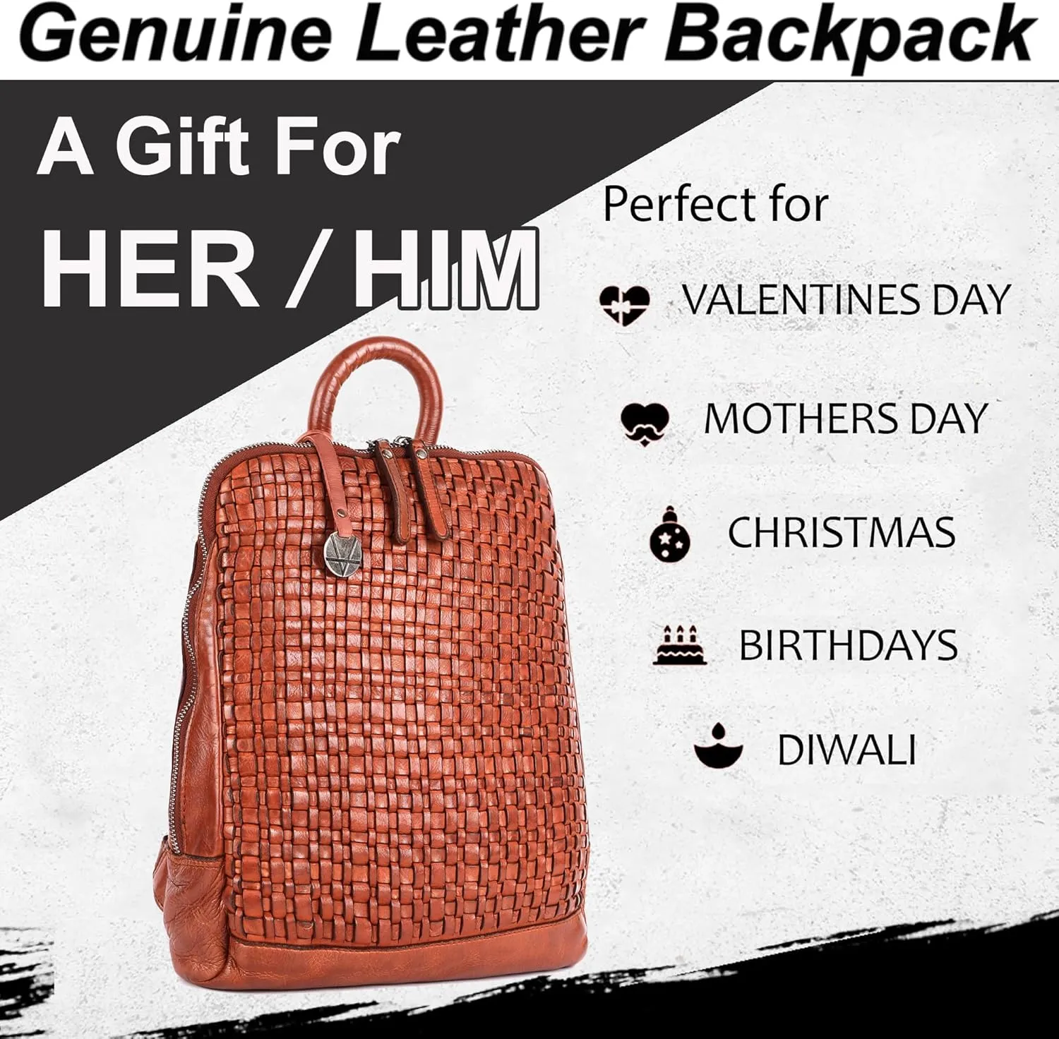 12.5 Inch Genuine Leather Backpack for Women and Men, Cognac Leather Backpack with Adjustable Shoulder Strap