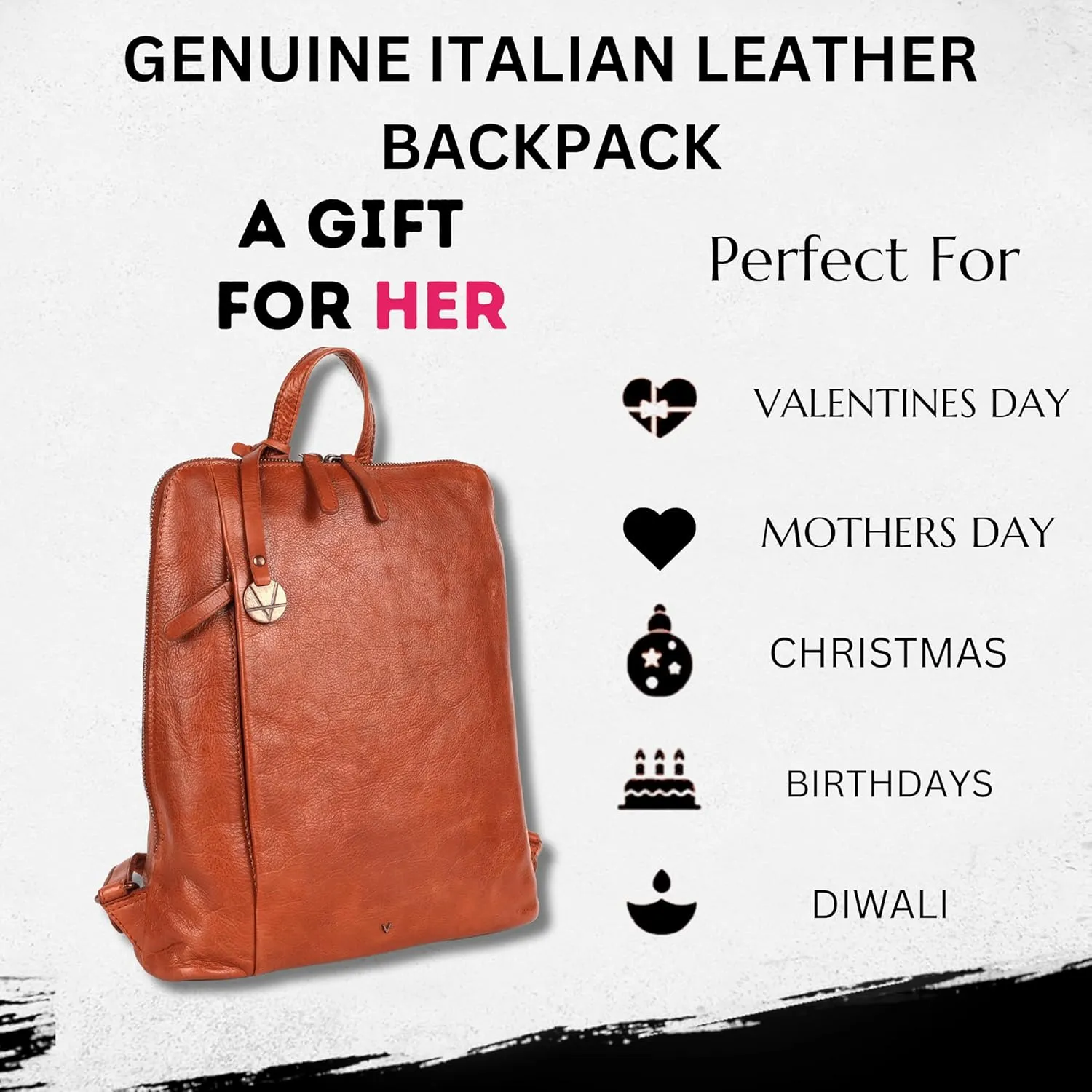 14.5 Inch Genuine Leather Backpack for Women and Men, Cognac Leather Backpack with Adjustable Shoulder Strap