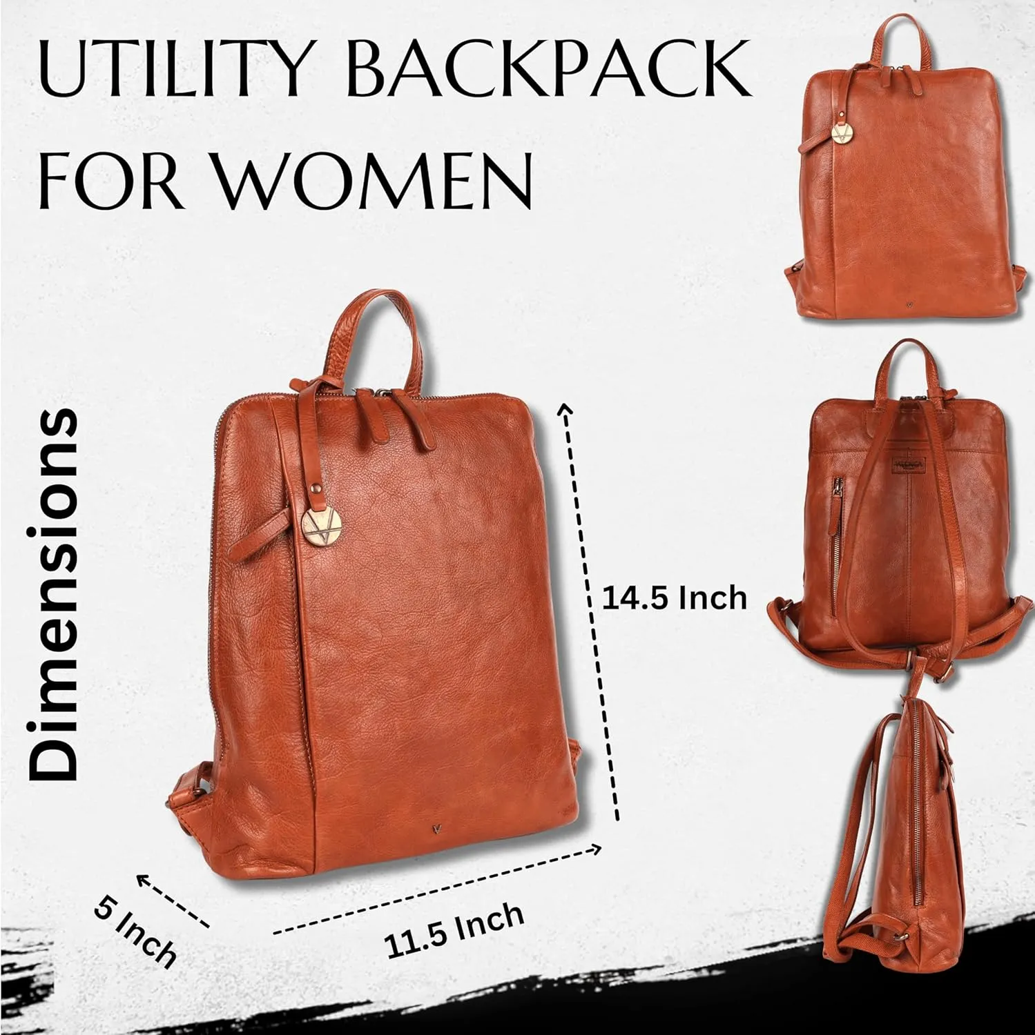 14.5 Inch Genuine Leather Backpack for Women and Men, Cognac Leather Backpack with Adjustable Shoulder Strap