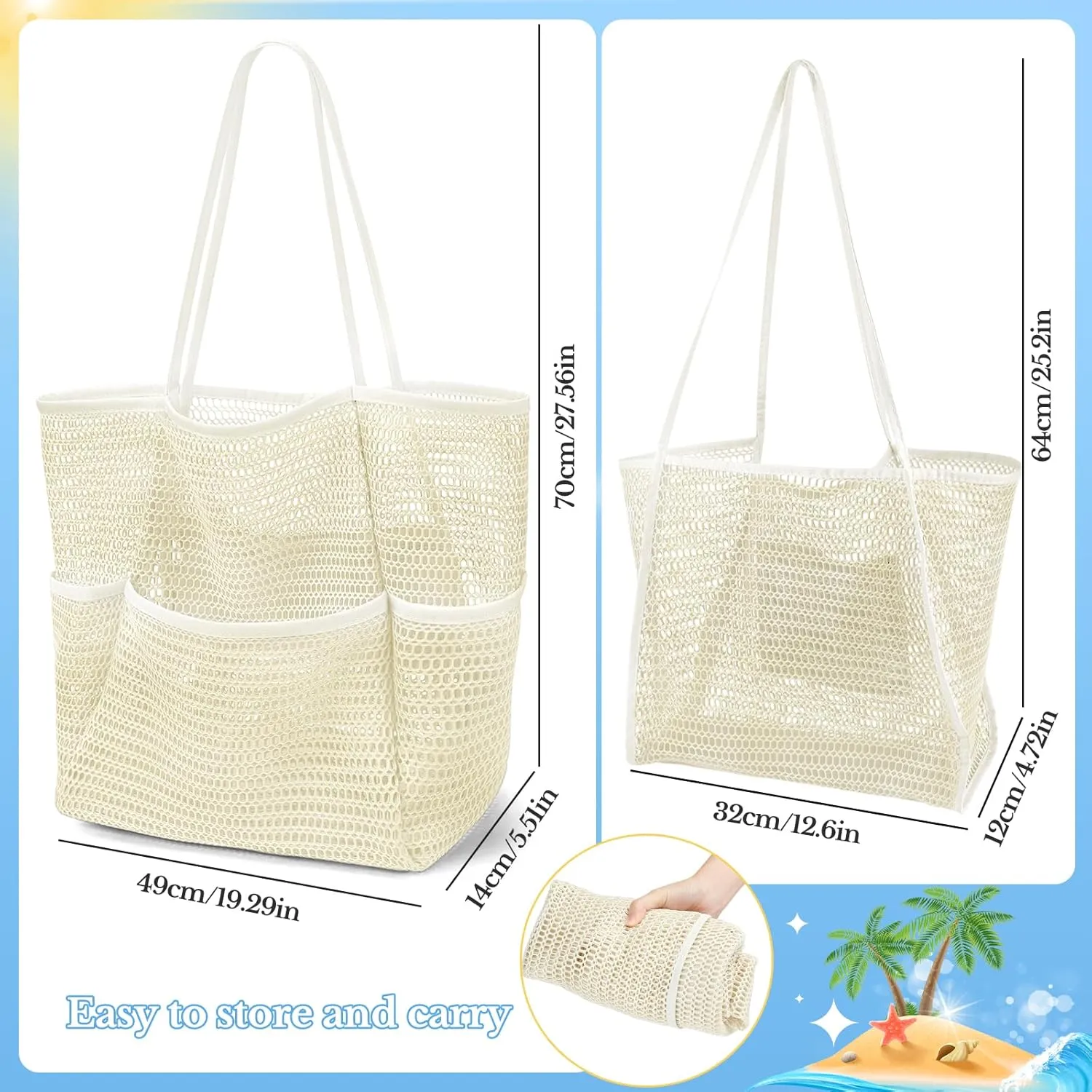 2 Pcs Mesh Beach Bags, 2 Sizes Causal Beach Bags for Women, Beach Tote Bag with Mini Pocket, Pool Bag for Travel (Khaki)
