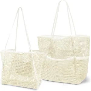 2 Pcs Mesh Beach Bags, 2 Sizes Causal Beach Bags for Women, Beach Tote Bag with Mini Pocket, Pool Bag for Travel (Khaki)
