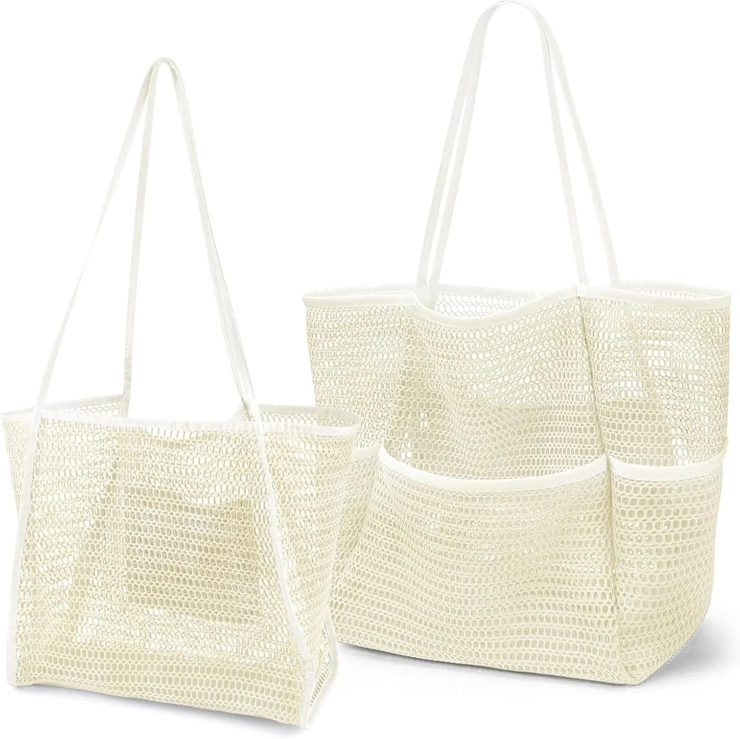 2 Pcs Mesh Beach Bags, 2 Sizes Causal Beach Bags for Women, Beach Tote Bag with Mini Pocket, Pool Bag for Travel (Khaki)