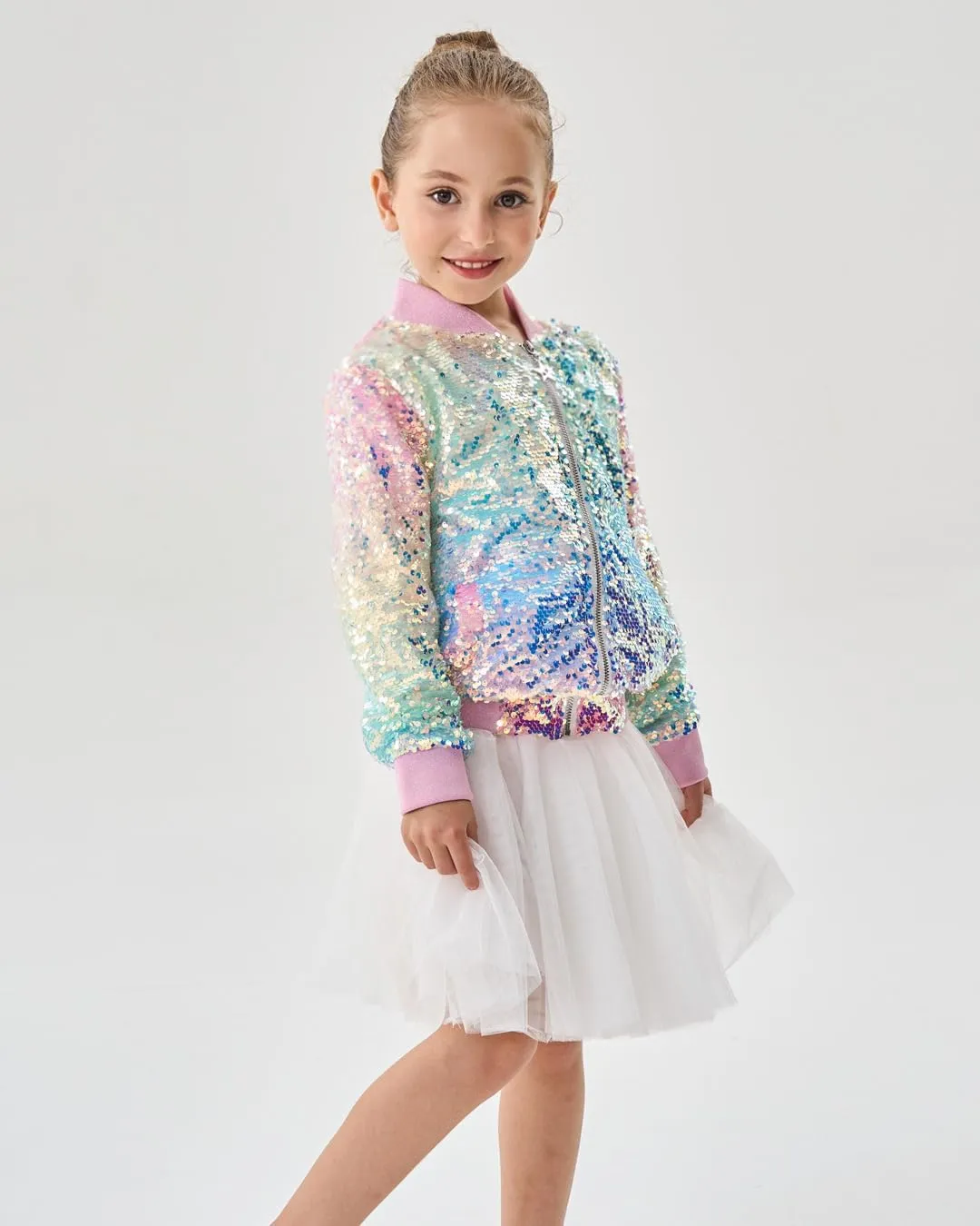 2Bunnies Girl Ombre Pastel Gradient Shimmer Sparkle Colorful Sequin Bomber Jacket