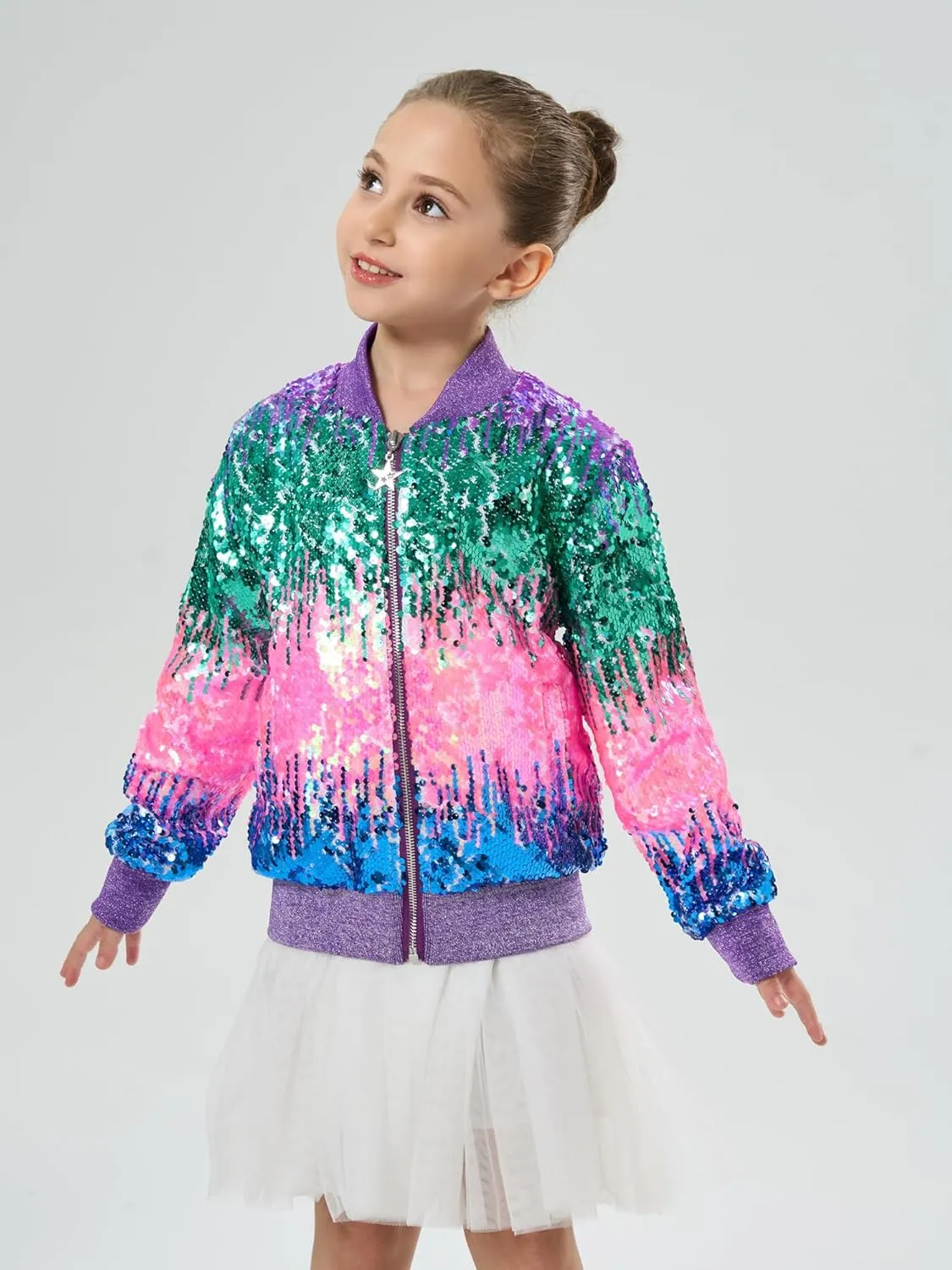 2Bunnies Girl Ombre Pastel Gradient Shimmer Sparkle Colorful Sequin Bomber Jacket