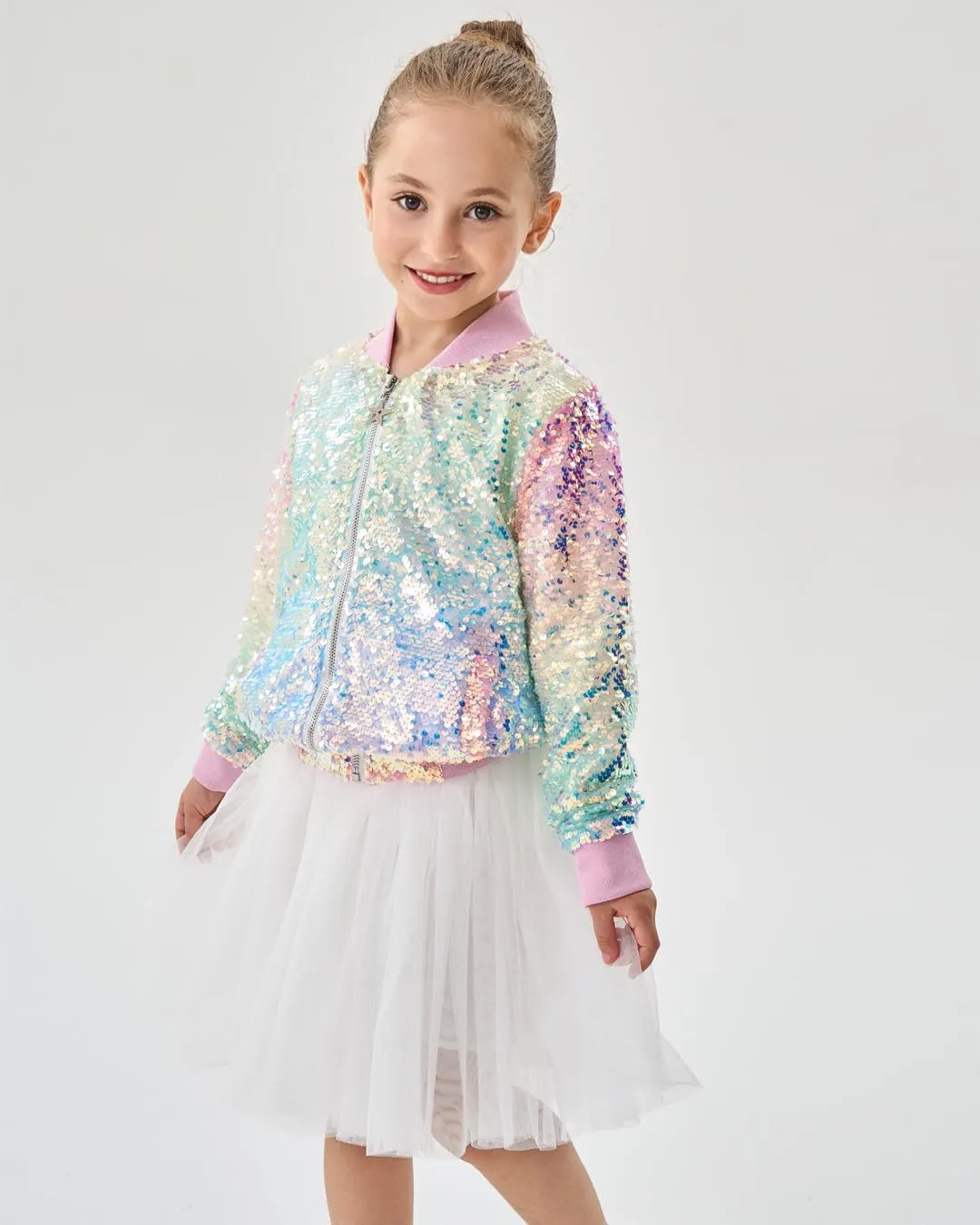 2Bunnies Girl Ombre Pastel Gradient Shimmer Sparkle Colorful Sequin Bomber Jacket