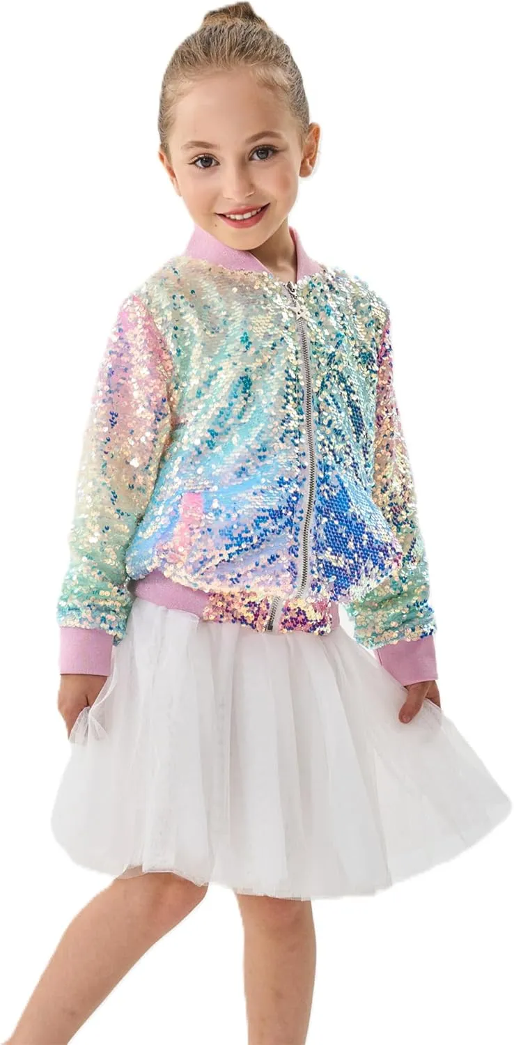 2Bunnies Girl Ombre Pastel Gradient Shimmer Sparkle Colorful Sequin Bomber Jacket