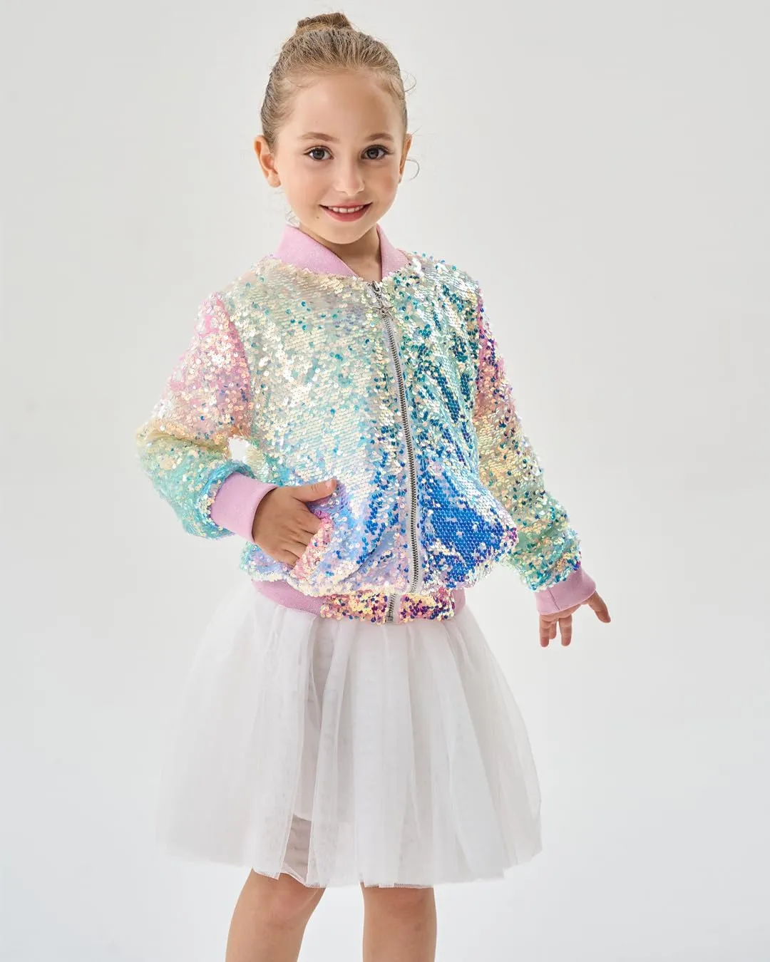 2Bunnies Girl Ombre Pastel Gradient Shimmer Sparkle Colorful Sequin Bomber Jacket