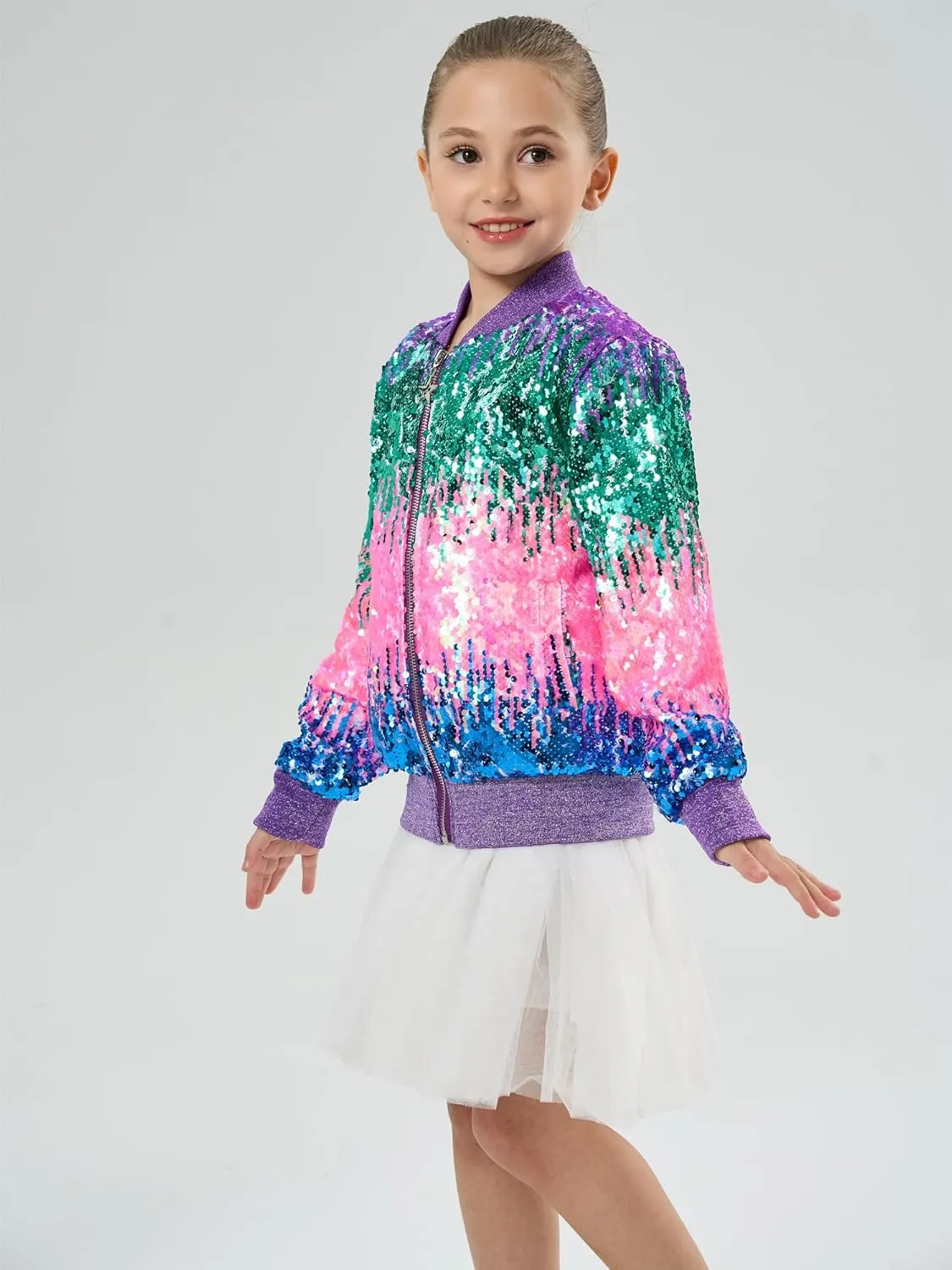 2Bunnies Girl Ombre Pastel Gradient Shimmer Sparkle Colorful Sequin Bomber Jacket