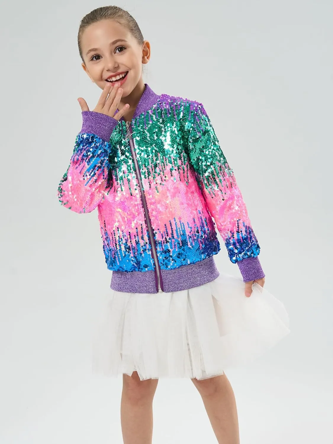 2Bunnies Girl Ombre Pastel Gradient Shimmer Sparkle Colorful Sequin Bomber Jacket