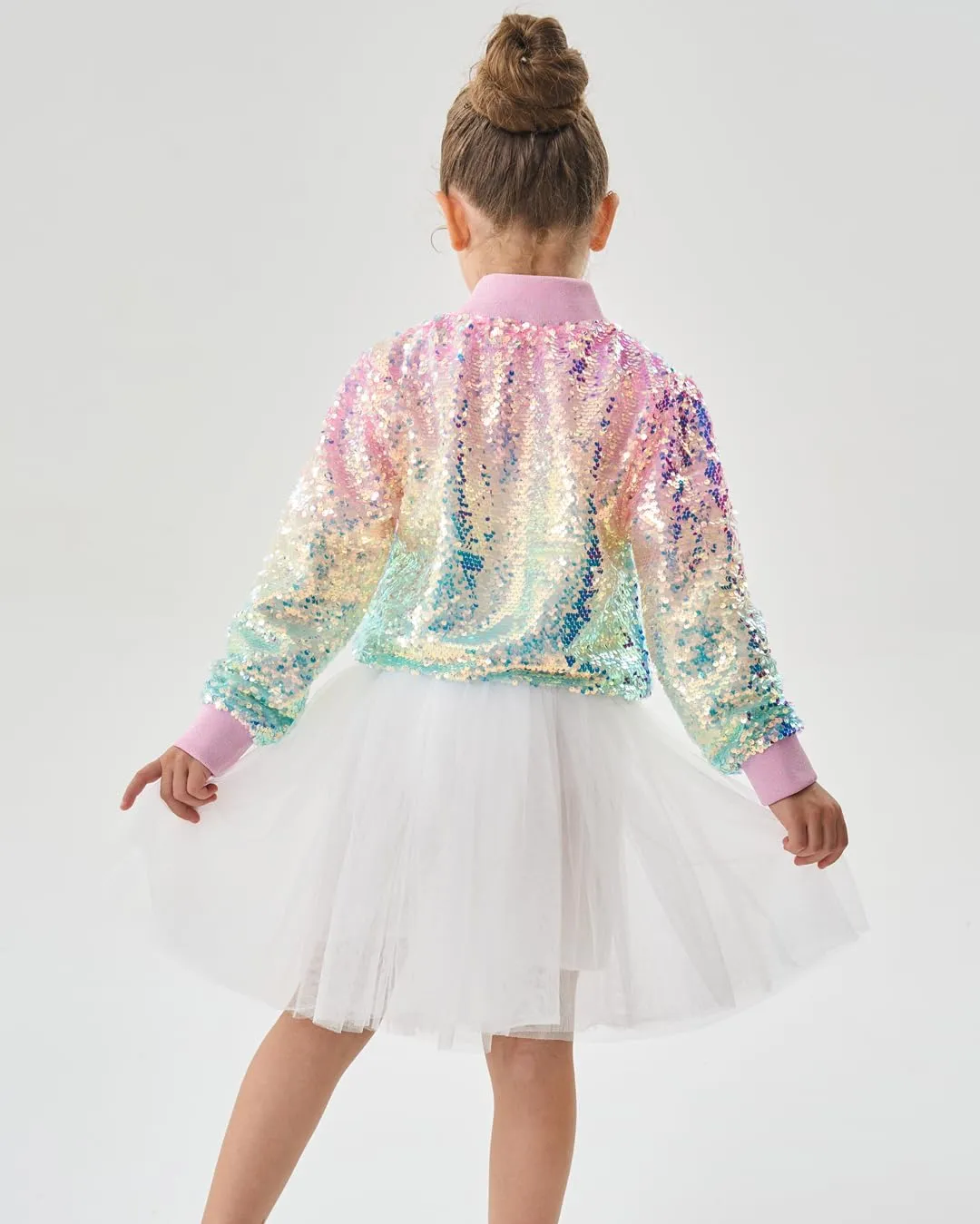 2Bunnies Girl Ombre Pastel Gradient Shimmer Sparkle Colorful Sequin Bomber Jacket
