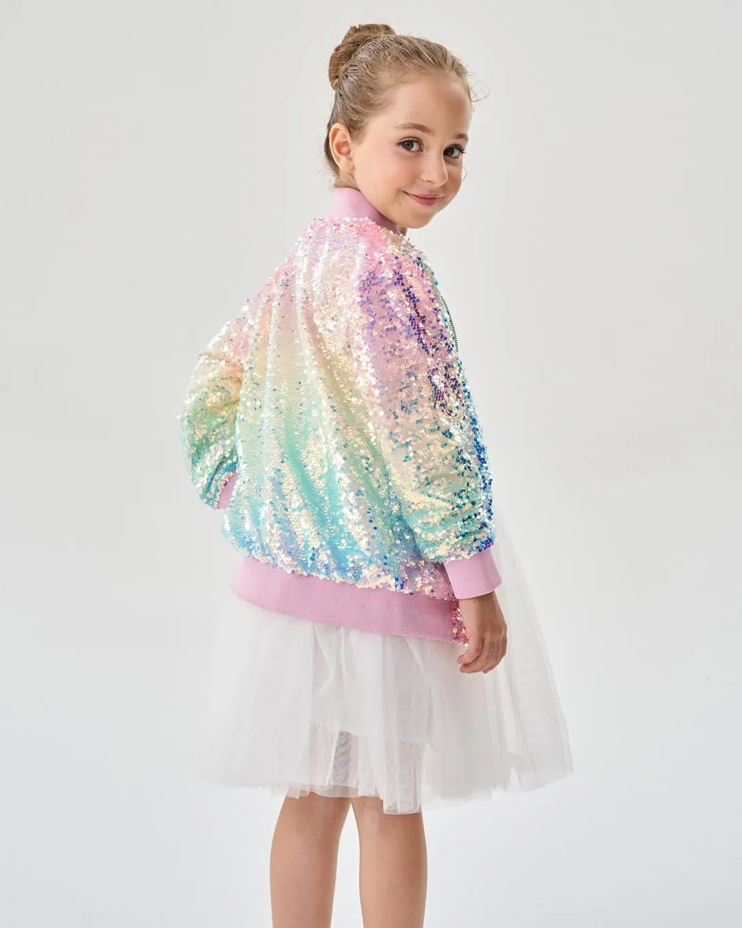 2Bunnies Girl Ombre Pastel Gradient Shimmer Sparkle Colorful Sequin Bomber Jacket