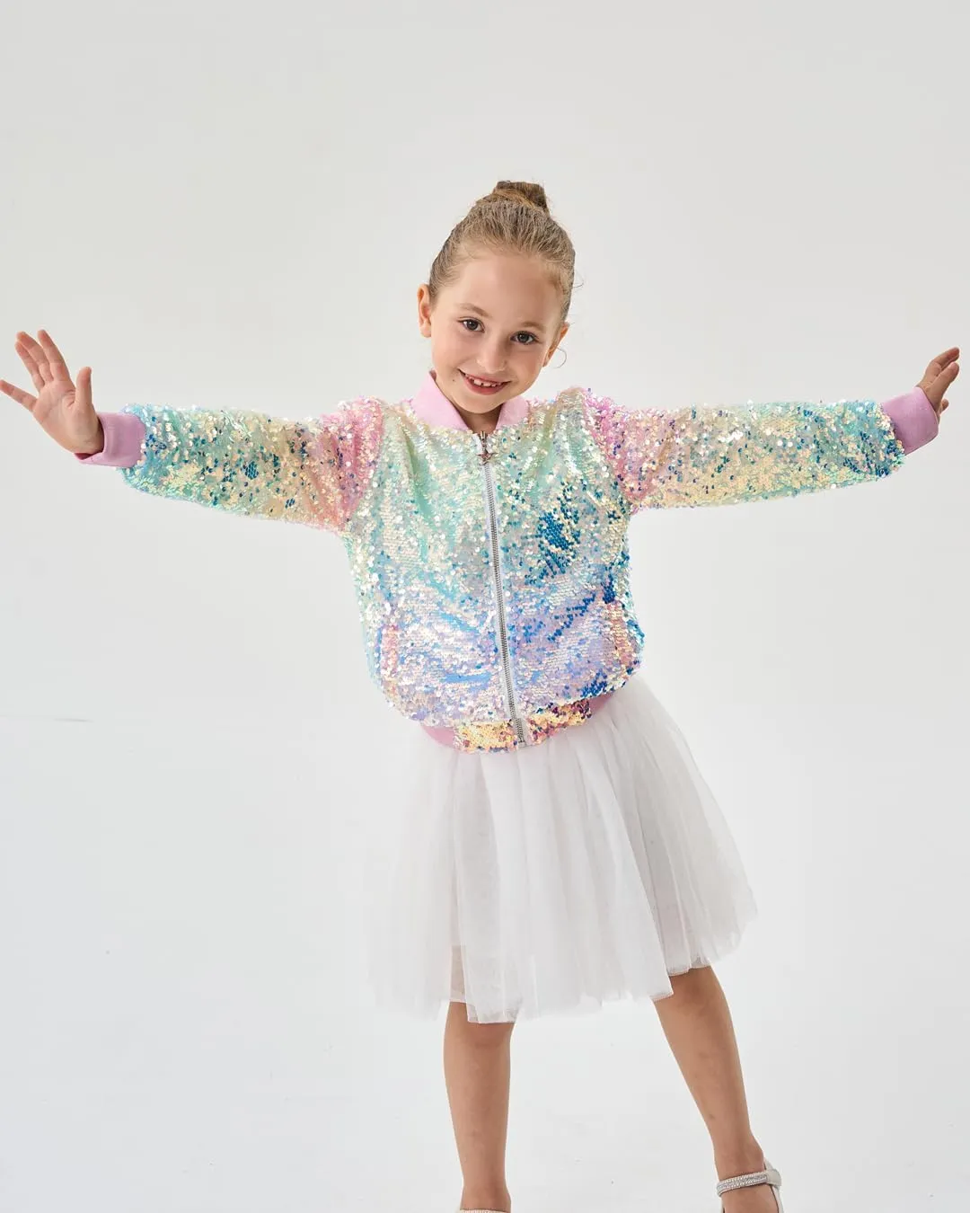2Bunnies Girl Ombre Pastel Gradient Shimmer Sparkle Colorful Sequin Bomber Jacket