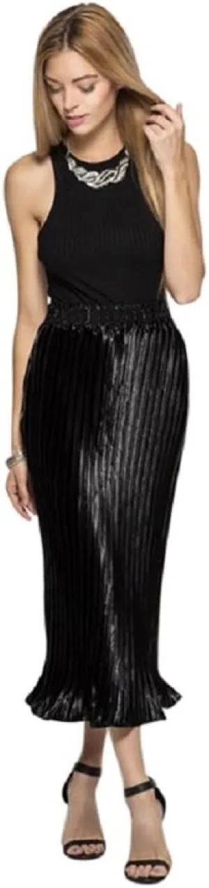2Chique Boutique Women's Black Metallic Foil Pleated Midi Skirt