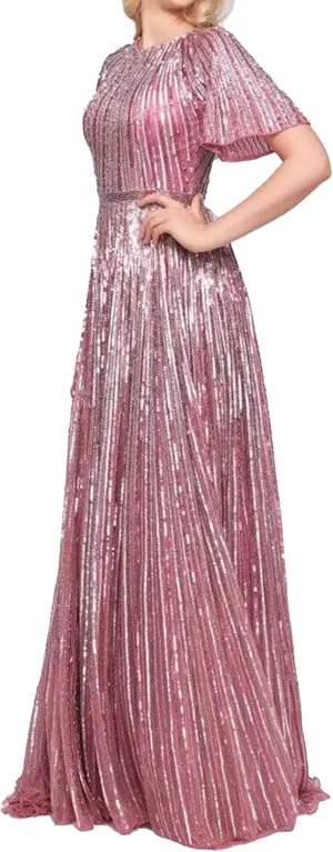 4913D Women's Sequined Dress - Jewel Neckline, Short Sleeves, A-Line Skirt, Sweep Train Pink