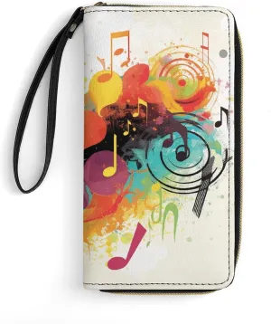 Abstract Music Themed Wallet Leather Zipper Around Clutch Wallet Large Capacity Purse with Wristlet Strap