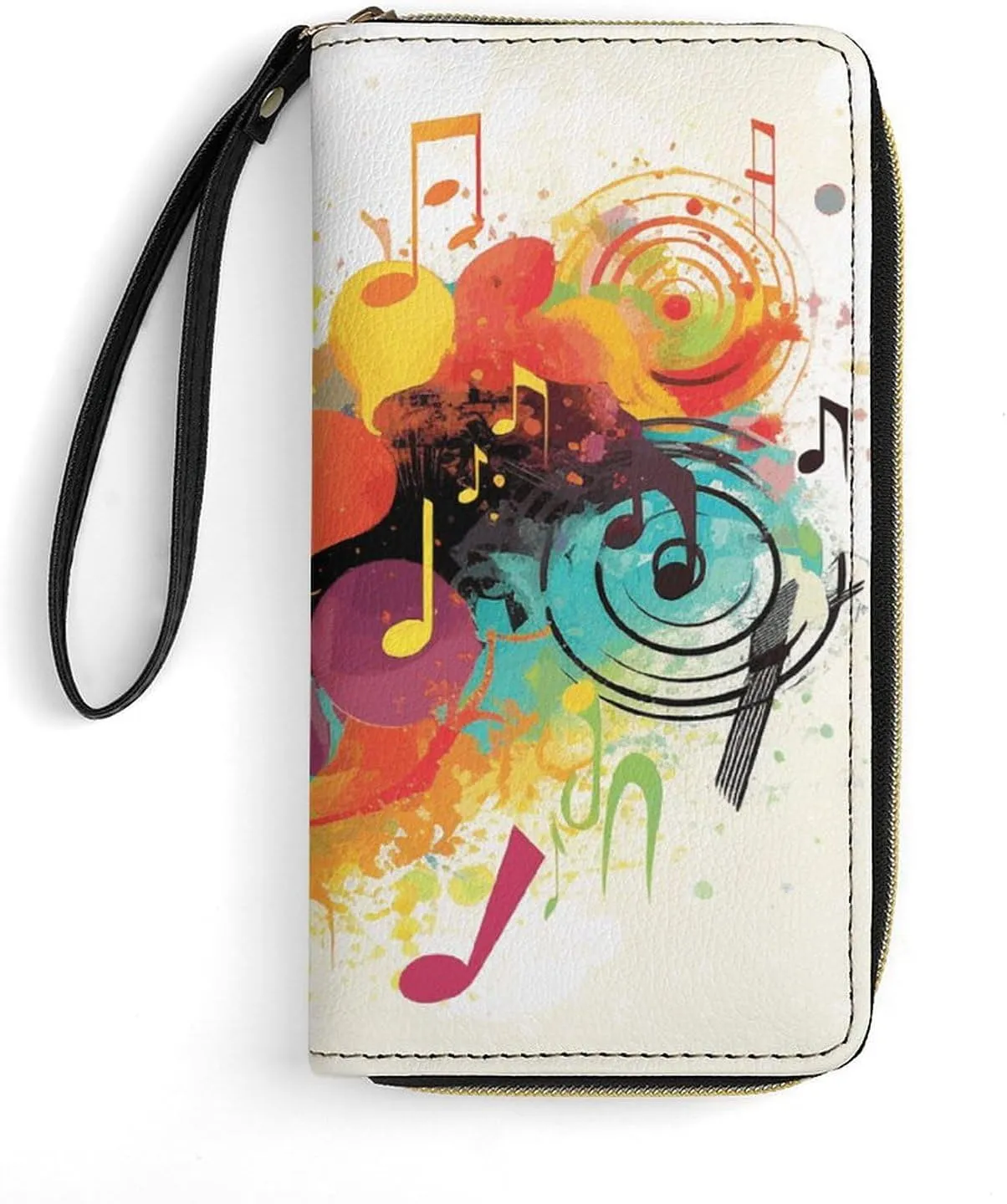 Abstract Music Themed Wallet Leather Zipper Around Clutch Wallet Large Capacity Purse with Wristlet Strap