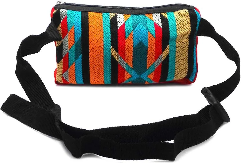 Aztec Tribal Print Pattern Adjustable Buckle Fanny Pack Waist Bag -Handmade Belt Pouch Boho Travel Accessories (Red/Multi)