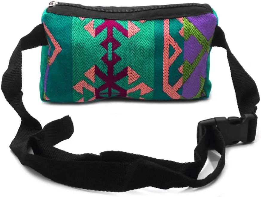 Aztec Tribal Print Pattern Adjustable Buckle Fanny Pack Waist Bag - Handmade Belt Pouch Boho Travel Accessories (Teal/Multi)