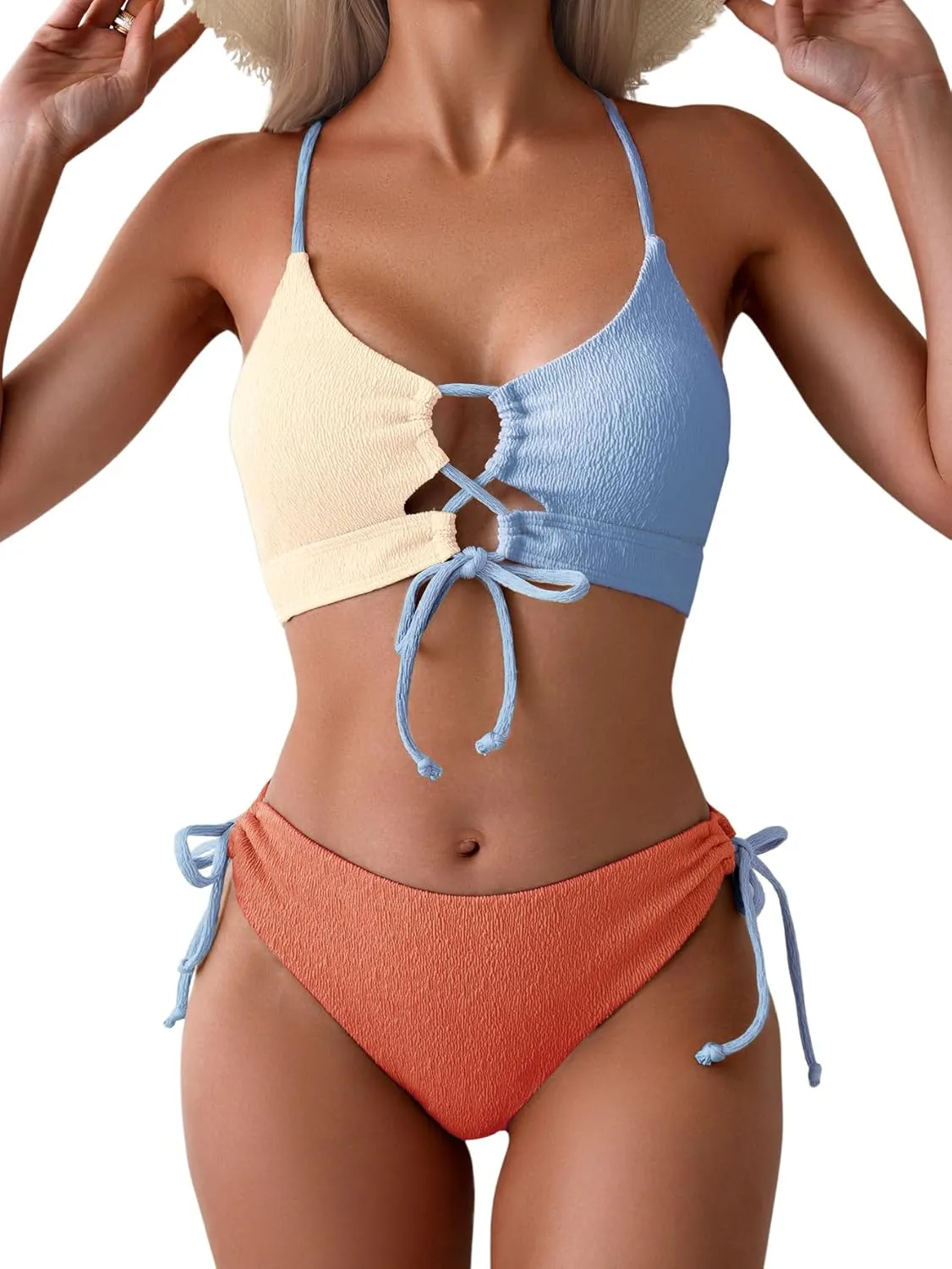B2prity Women's Sexy Bikini Set Color Block Lace Up 2 Piece Bathing Suit Tie Side Swimsuit
