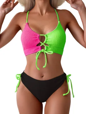 B2prity Women's Sexy Bikini Set Color Block Lace Up 2 Piece Bathing Suit Tie Side Swimsuit
