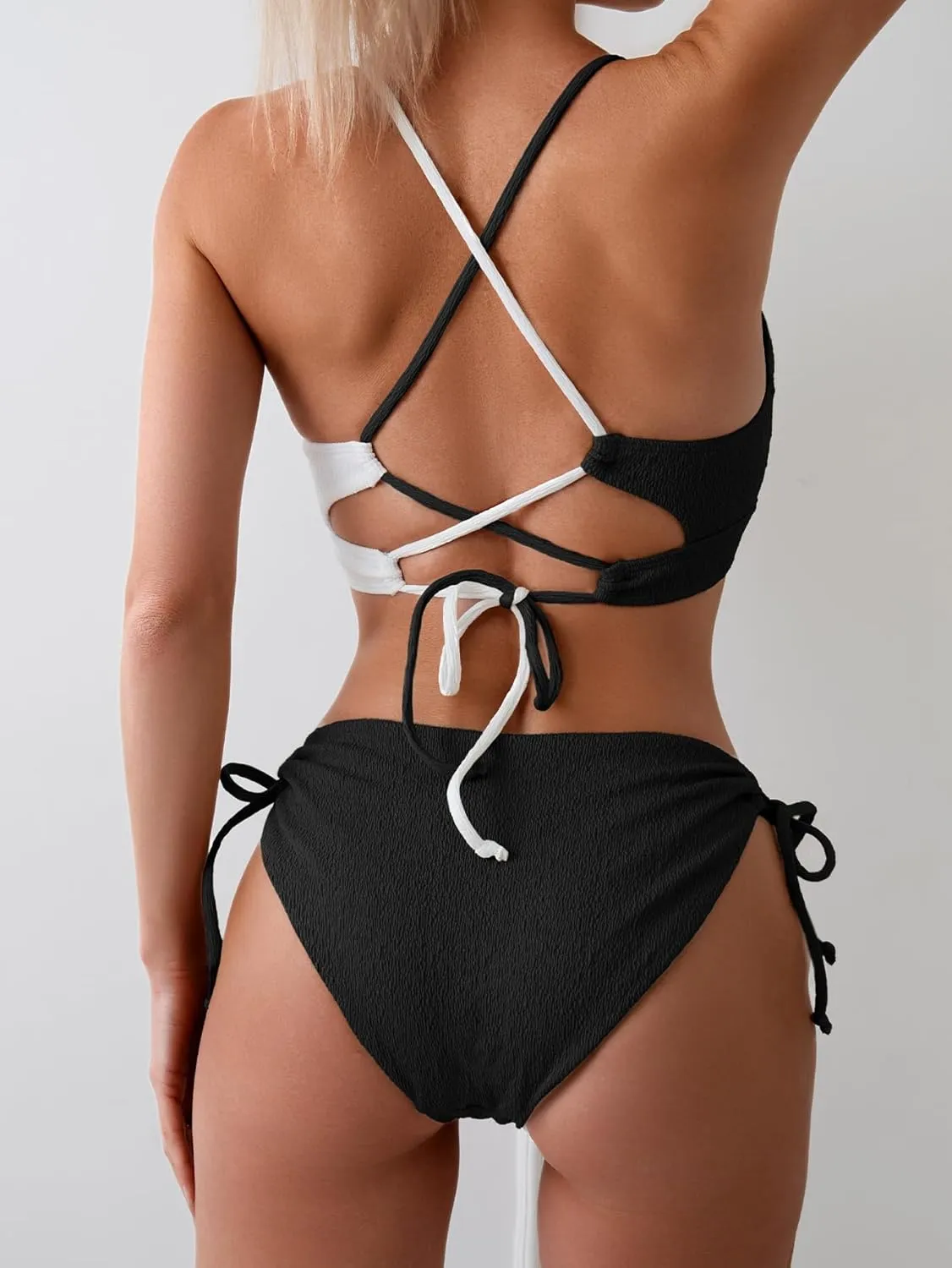 B2prity Women's Sexy Bikini Set Color Block Lace Up 2 Piece Bathing Suit Tie Side Swimsuit
