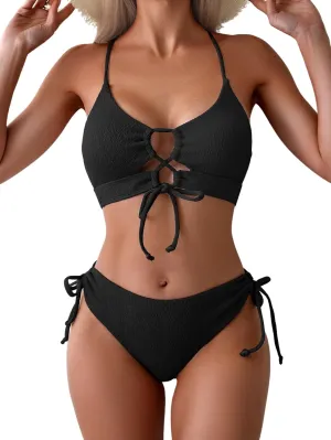 B2prity Women's Sexy Bikini Set Color Block Lace Up 2 Piece Bathing Suit Tie Side Swimsuit