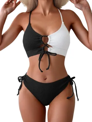 B2prity Women's Sexy Bikini Set Color Block Lace Up 2 Piece Bathing Suit Tie Side Swimsuit