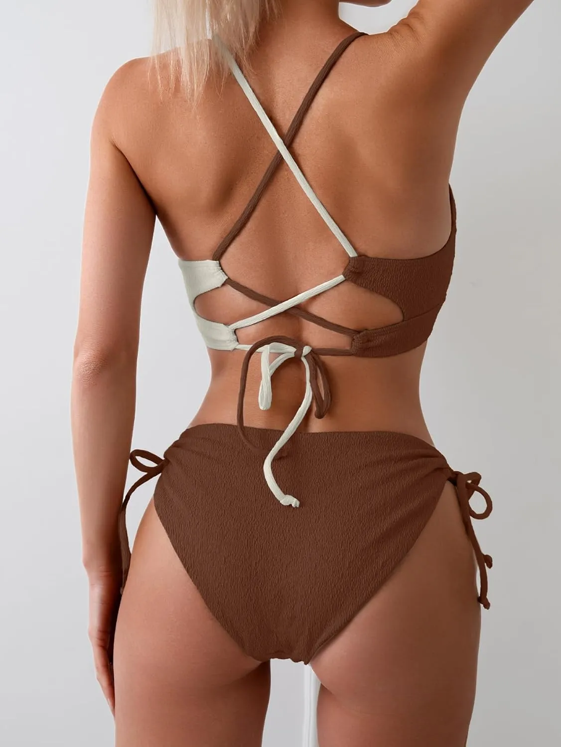 B2prity Women's Sexy Bikini Set Color Block Lace Up 2 Piece Bathing Suit Tie Side Swimsuit
