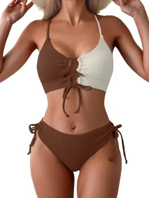 B2prity Women's Sexy Bikini Set Color Block Lace Up 2 Piece Bathing Suit Tie Side Swimsuit