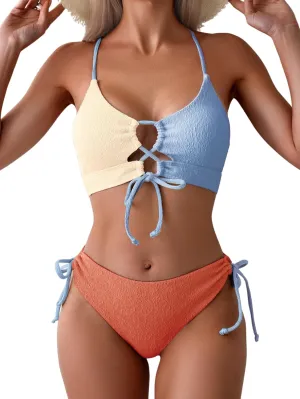B2prity Women's Sexy Bikini Set Color Block Lace Up 2 Piece Bathing Suit Tie Side Swimsuit