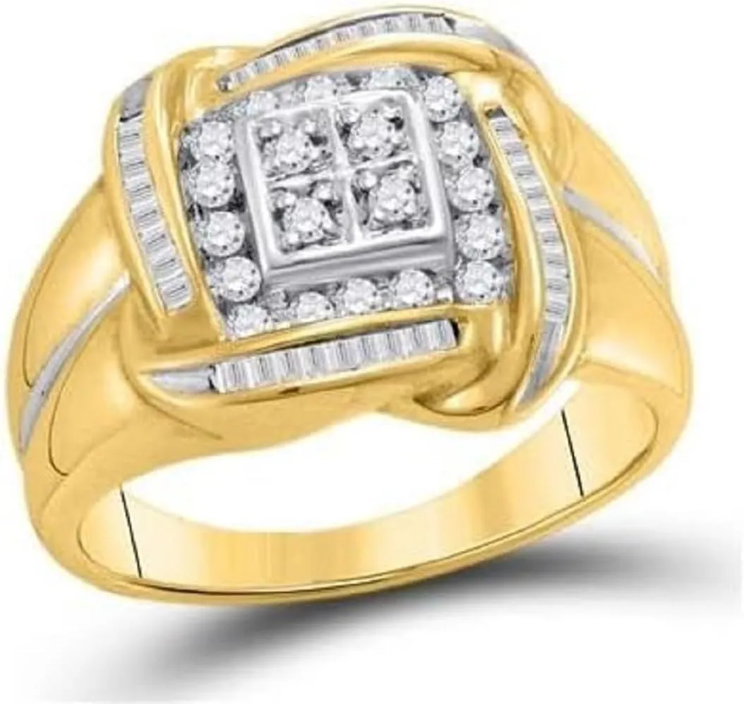 Baguette & Round Cut Simulated White Diamond 925 Sterling Silver 14K Yellow Gold Finish Diamond Wedding Band Engagement Pinky Ring for Men