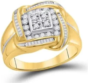 Baguette & Round Cut Simulated White Diamond 925 Sterling Silver 14K Yellow Gold Finish Diamond Wedding Band Engagement Pinky Ring for Men