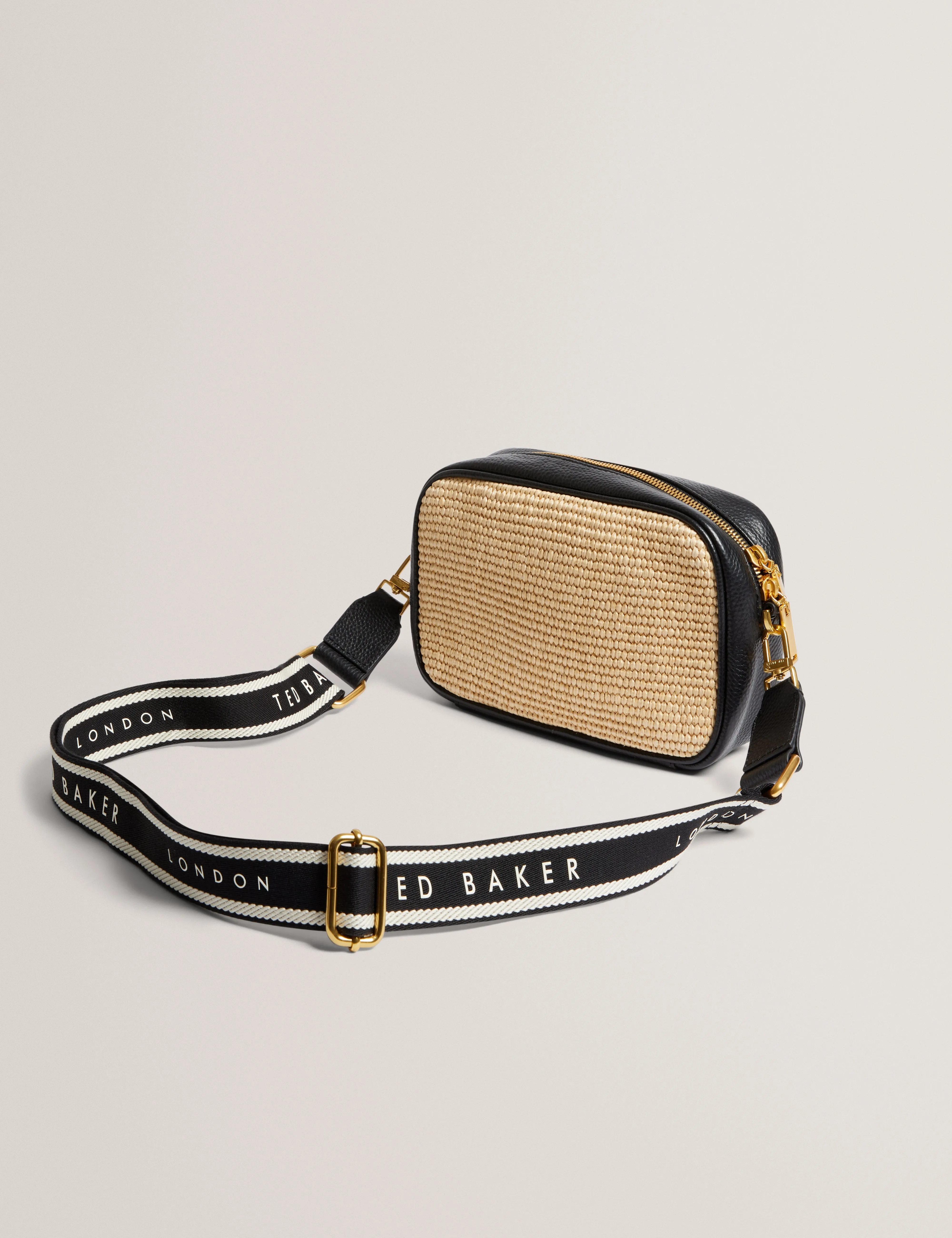 Bardas Webbing Faux Raffia Camera Crossbody Black