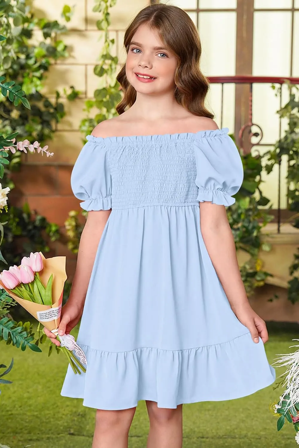 BesserBay Girls Summer Puff Sleeve Square Neck Smocked Ruffle Trim Flowy Midi Dress 4-14 Years