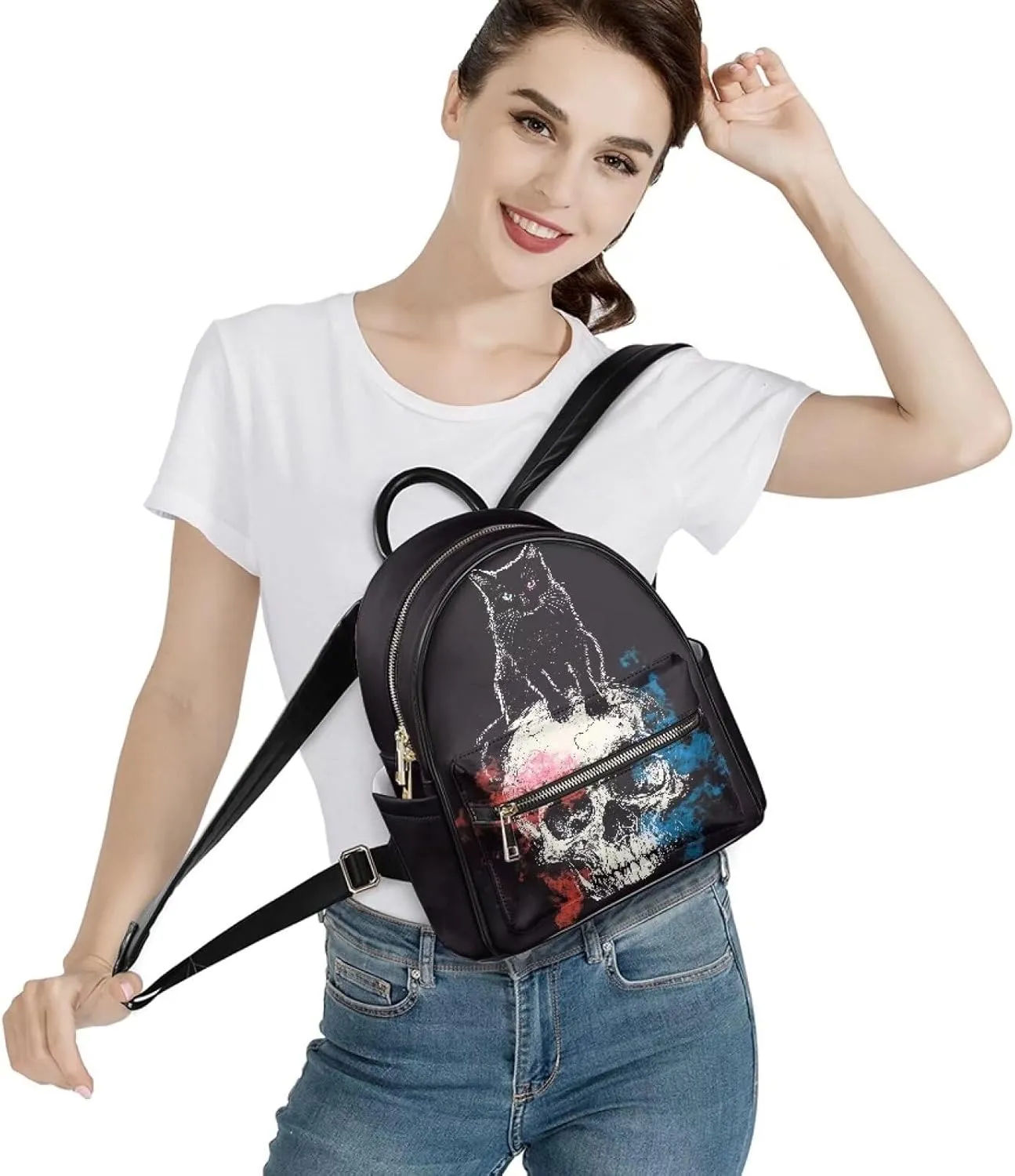 Black Cat Skull Small Backpack Purse Leather Purse Womens Mini Backpacks for Travel Work Casual Shoulders Bag with Front Zipper Pocket