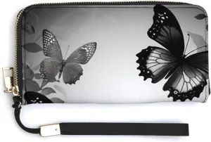 Black Gray Butterflies Wallet Leather Zipper Around Clutch Wallet Large Capacity Purse with Wristlet Strap