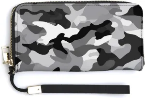 Black Grey White Camo Wallet Leather Zipper Around Clutch Wallet Large Capacity Purse with Wristlet Strap