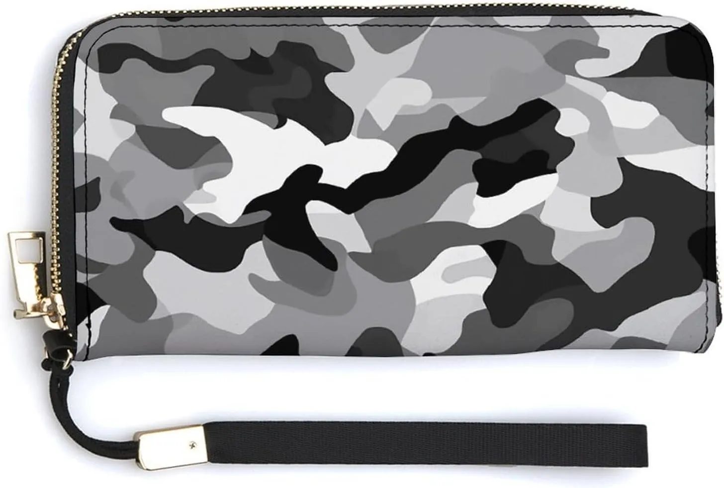 Black Grey White Camo Wallet Leather Zipper Around Clutch Wallet Large Capacity Purse with Wristlet Strap