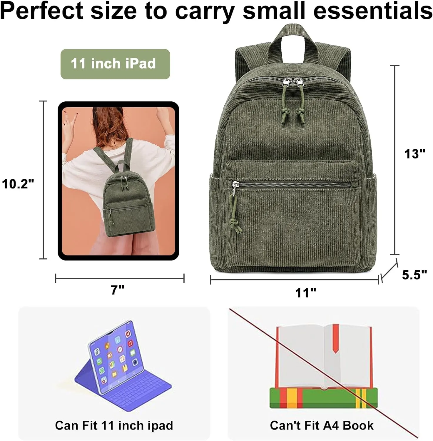 Bluboon Girls Mini Backpack Women Small Backpack Purse Teens Cute Casual School Bookbag(Corduroy Army Green)