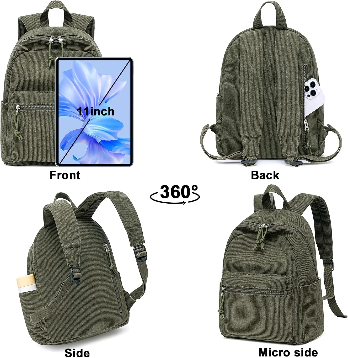 Bluboon Girls Mini Backpack Women Small Backpack Purse Teens Cute Casual School Bookbag(Corduroy Army Green)