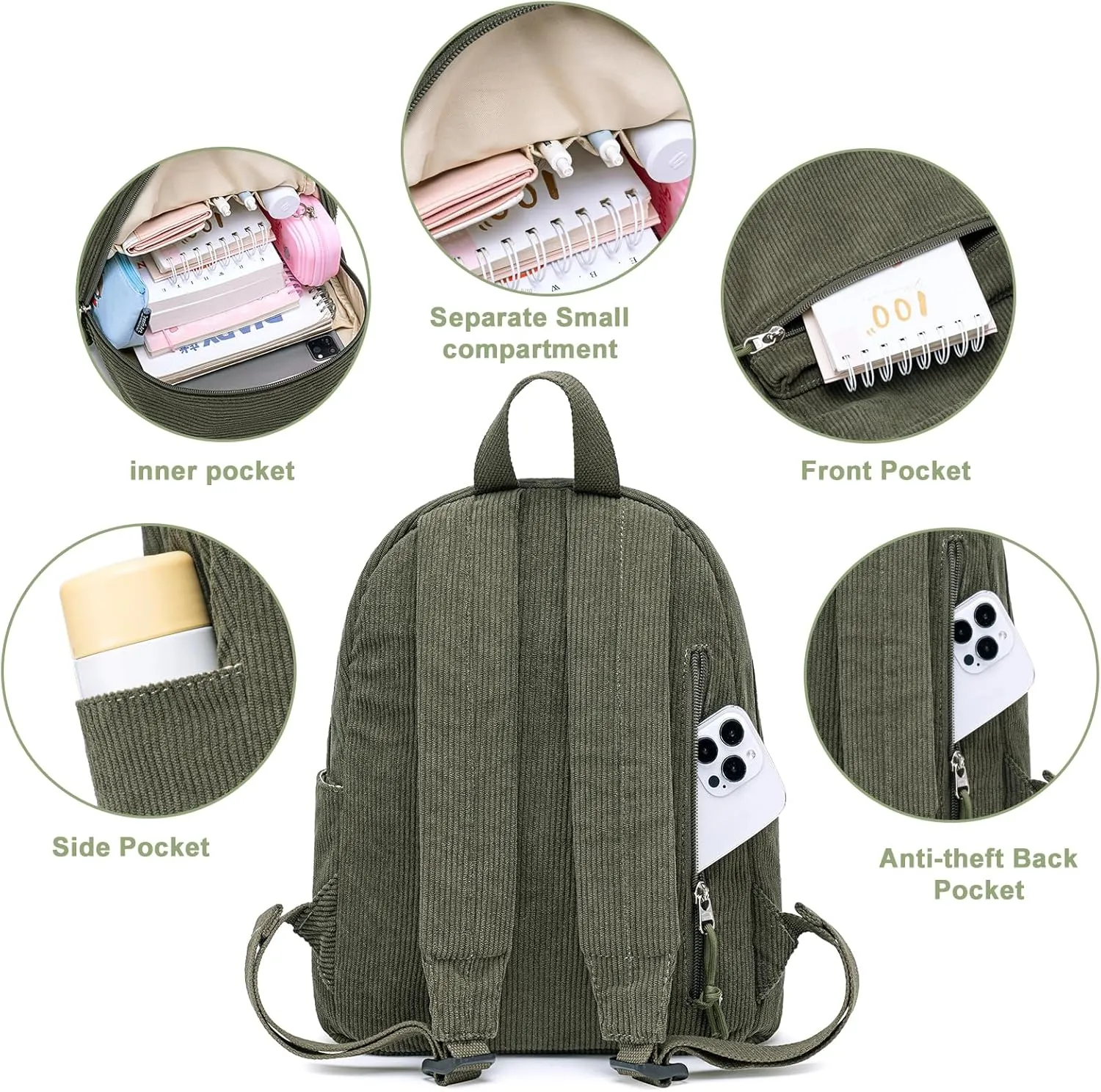 Bluboon Girls Mini Backpack Women Small Backpack Purse Teens Cute Casual School Bookbag(Corduroy Army Green)