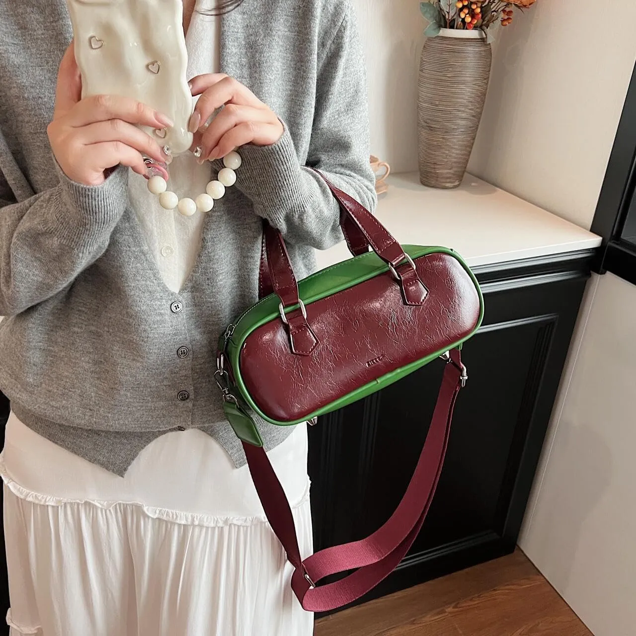 Bowling Tote Handbag for Women Shoulder Crossbody Bag Vegan Leather Satchel Purses with Adjustable Guitar Strap