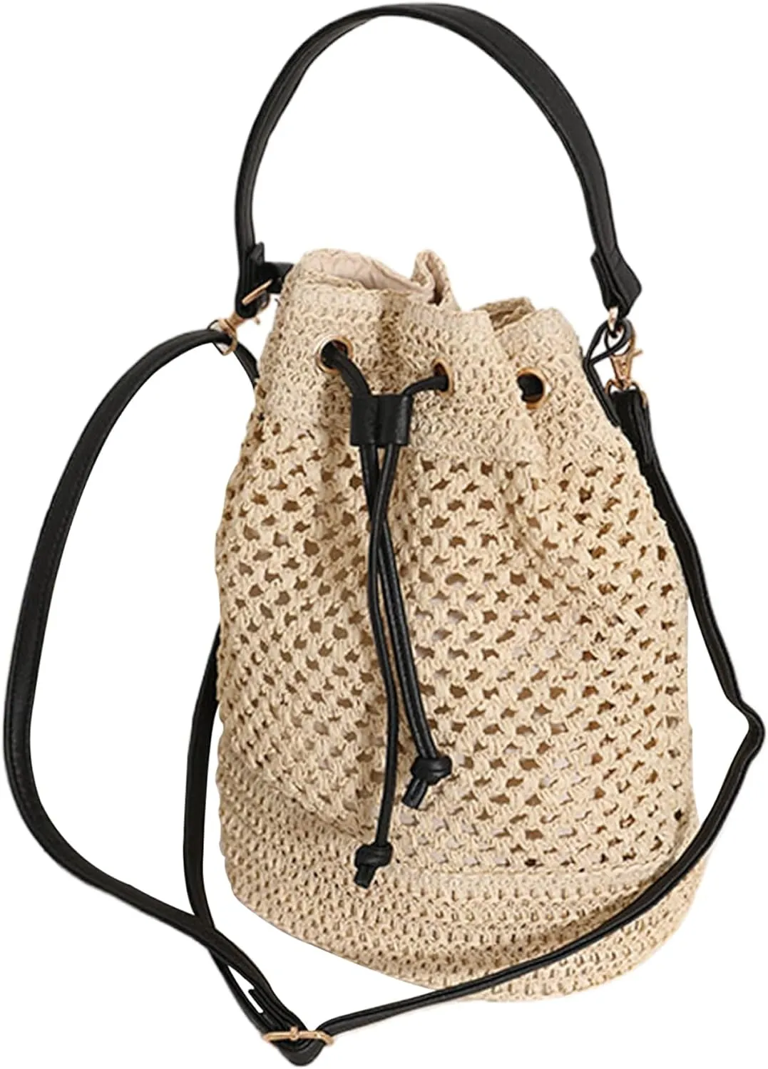 Bucket Bag,Straw Bucket Bag Summer Straw Shoulder Bag with Adjustable Shoulder Strap Beach for Women Vacation