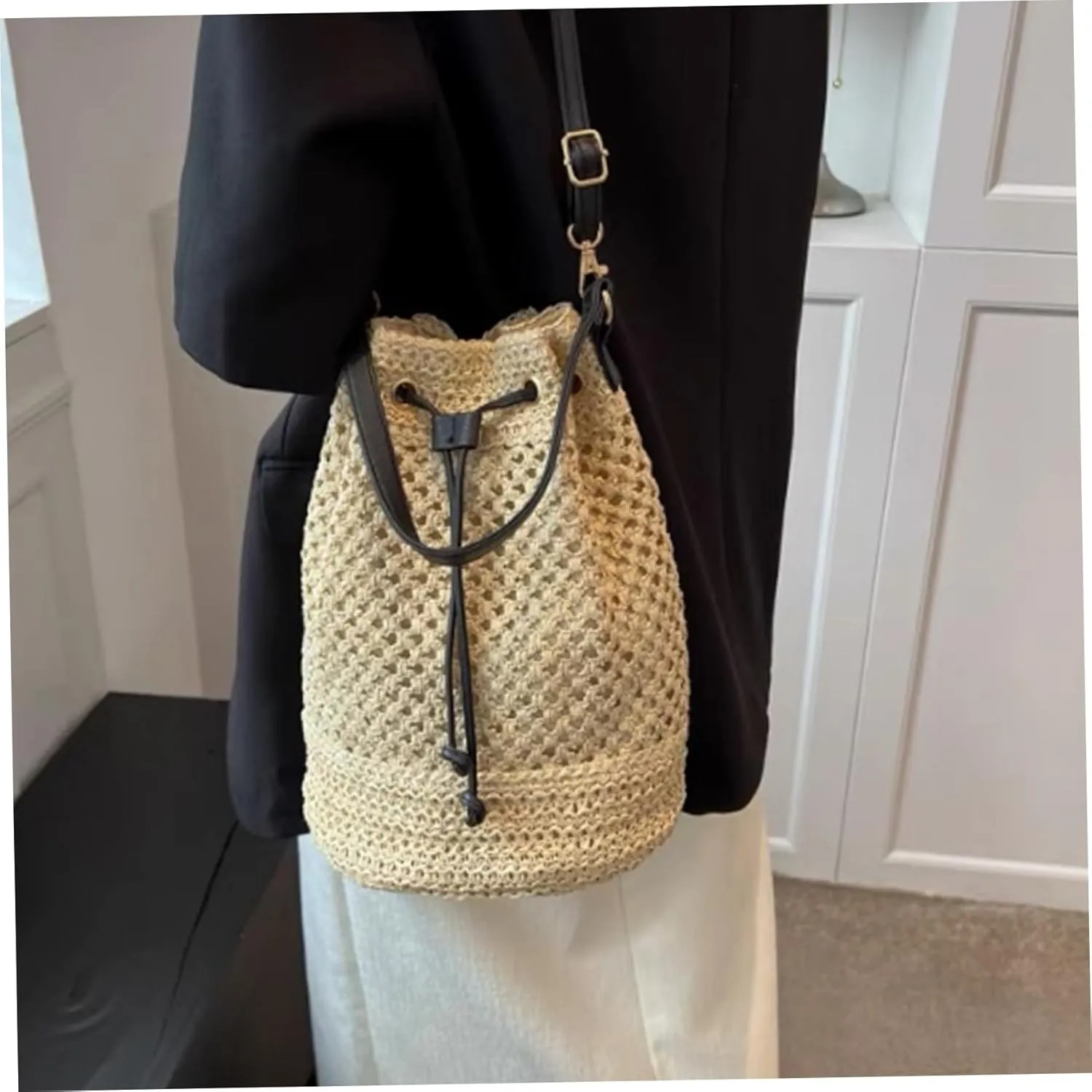 Bucket Bag,Straw Bucket Bag Summer Straw Shoulder Bag with Adjustable Shoulder Strap Beach for Women Vacation
