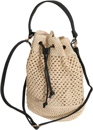 Bucket Bag,Straw Bucket Bag Summer Straw Shoulder Bag with Adjustable Shoulder Strap Beach for Women Vacation