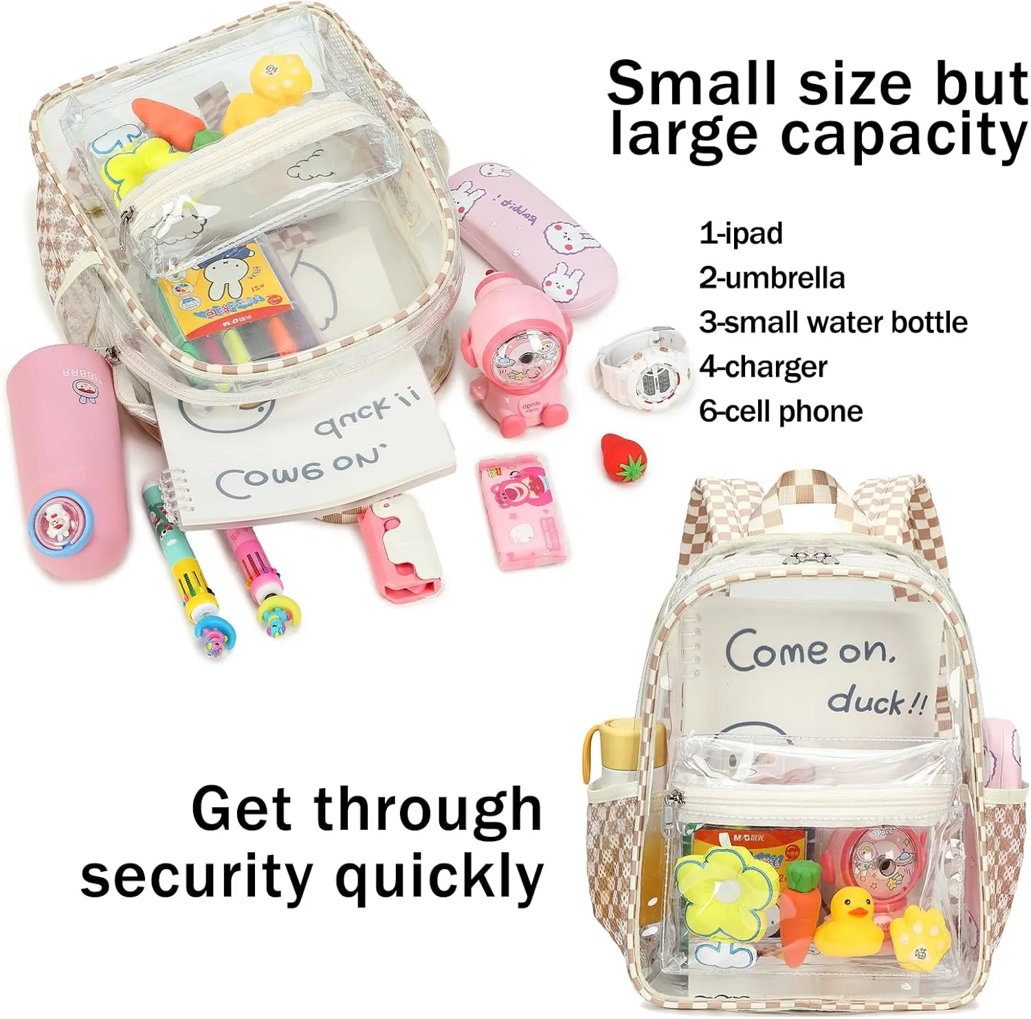 CAMTOP Clear Backpack for Stadium Events Approved 12x6x12 Small Clear Bag Mini Backpacks Purse for festival Concert Work (Brown&White)