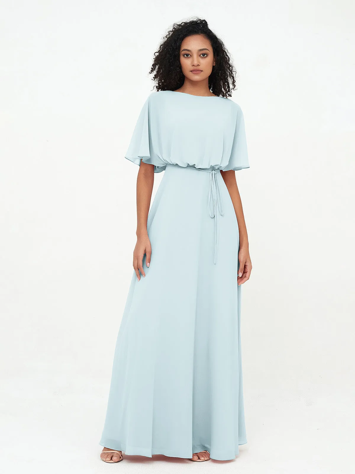 Chiffon Full Length Bridesmaid Dresses with Wrap Mist Plus Size
