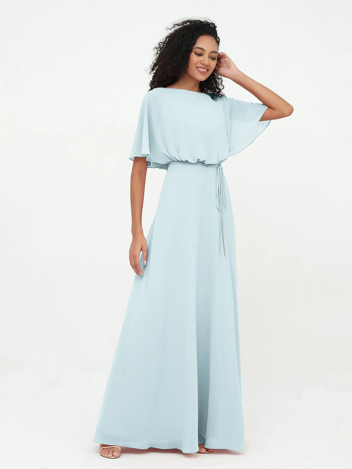 Chiffon Full Length Bridesmaid Dresses with Wrap Mist Plus Size