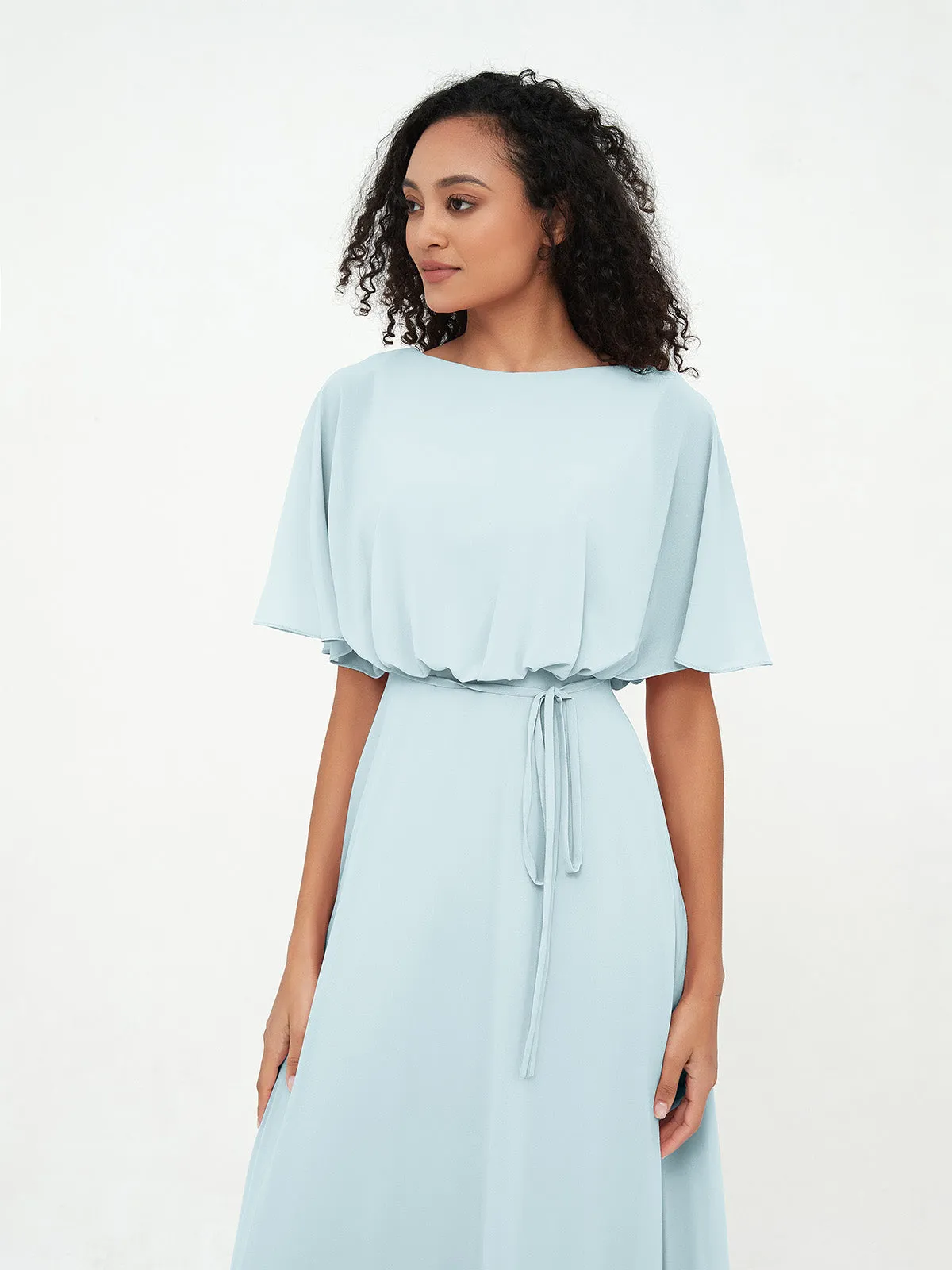 Chiffon Full Length Bridesmaid Dresses with Wrap Mist Plus Size